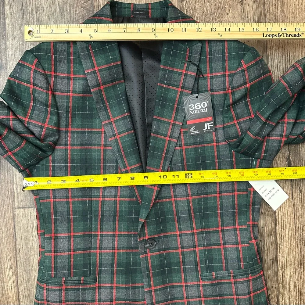 JF J Ferrar Sports Coat Slim Suit Jacket Mens S 34/36 Short Plaid Red Green